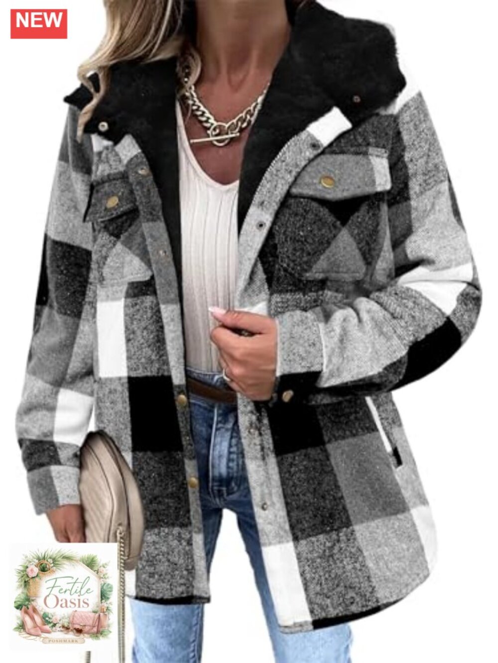 Women's Fleece Lined Plaid Button Up Flannel Shacket Coat Hooded